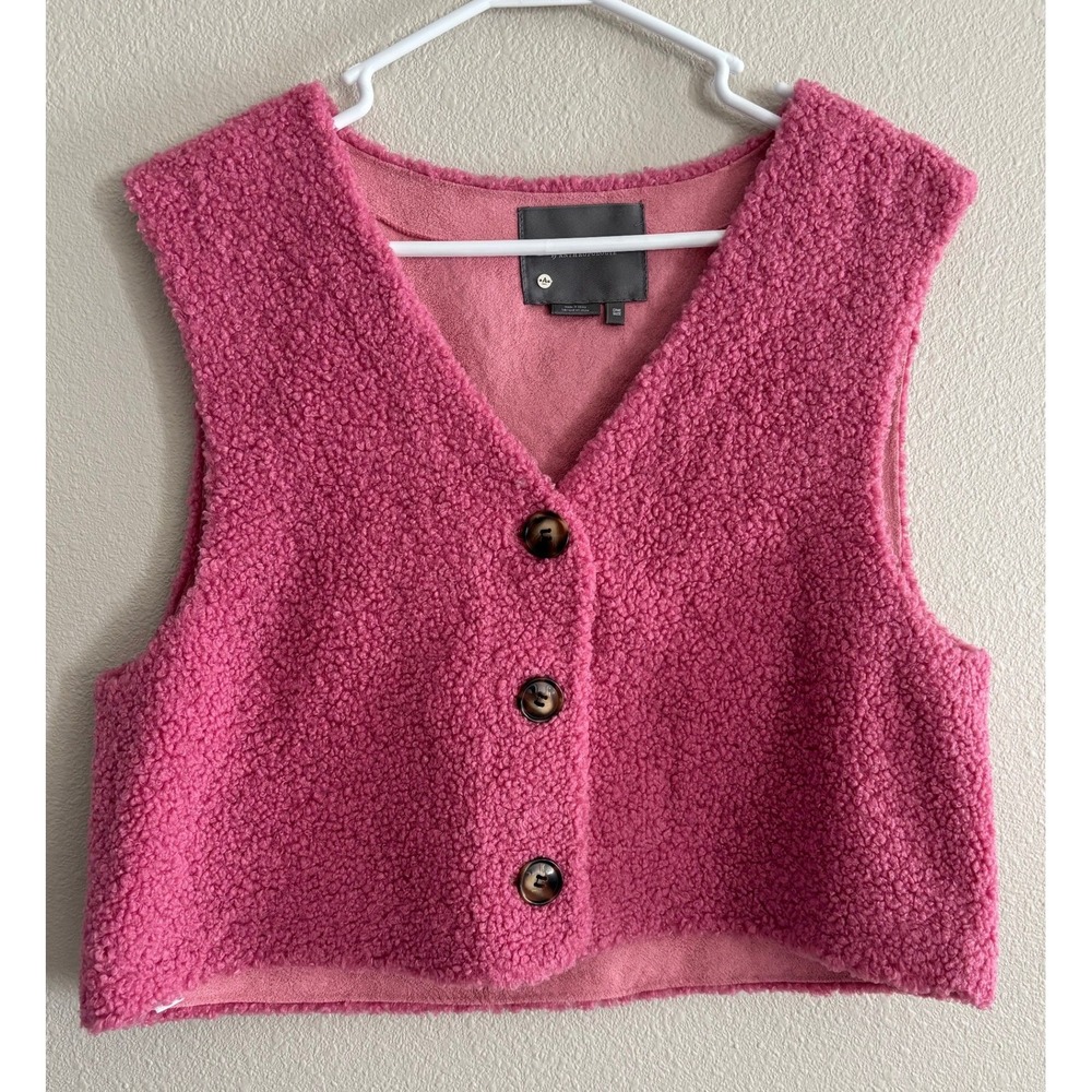 Anthropologie Cropped Sherpa Vest Womens One Size Pink Button Cozy Preppy